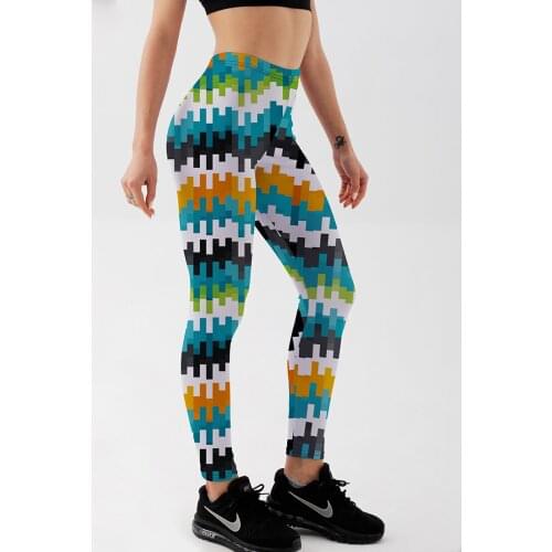 Qickitout 12% Spandex Sexy Elasticity Workout Color Pixel Aliasing Leggings Women Printed Leggings Push Up Pants