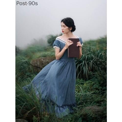 Women Dress Summer Vintage Elegant Slim European Romance Blue Long Dress Retro Lace Sexy Slash Neck Casual Everyday Midi Dress