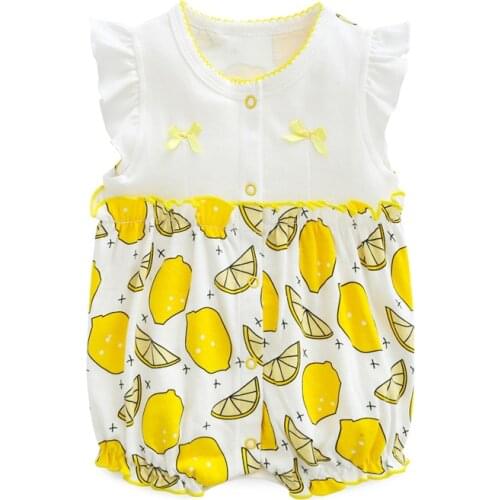 Baby Girl Rompers Lemon Strawberry Printed Bodysuit Sleeveless Backless Ruffle Jumpsuit 0-18 Months Summer Clothes