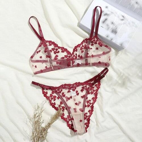 Women Sexy Transparent Heart Lingerie Set Embroidery Push Up Lace Bras & See Through Panties Hot Temptation Erotic Underwear