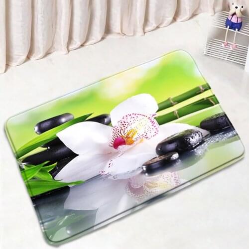 Zen Stone Flower Bathroom Mats Green Bamboo Orchid Non-Slip Rugs Flannel Home Decor Bath Kitchen Doorway Aisle Carpet Washable