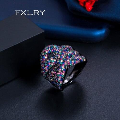 FXLRY New Black Gold Multi Color Micro Pave Cubic Zirconia Stones Geometric Finger Rings for Women Jewelry