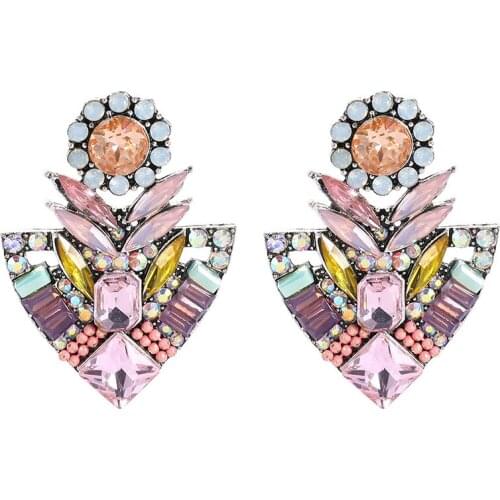 Fashion Shiny Pink Crystal Flower Colorful Seed Beads Stud Earrings for Women Jewelry