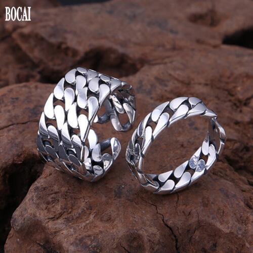 BOCAI 2020 new real S925 pure silver jewelry stylish glossy ring for men and women couples Thai silver adjustable men rings