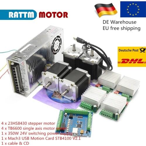4pcs Nema23 stepper motor controller Kit + 4pcs single axis TB6600 + 1 pc Mach3 USB Card STB4100 V2.1 + 350W 24V power supply