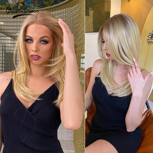 CharmSource Front Lace Synthetic Wig Brown Ombre Blonde Wigs Medium Natural Wavy for White Black Women Daily Party Wedding Hair