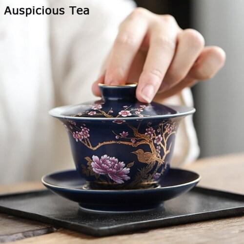 150ml Palace Luxury Enamel Ceramic Gaiwan Teacup Hand Painted Flower Pattern Tea Tureen Travel Tea Bowl Home Teaware Drinkware