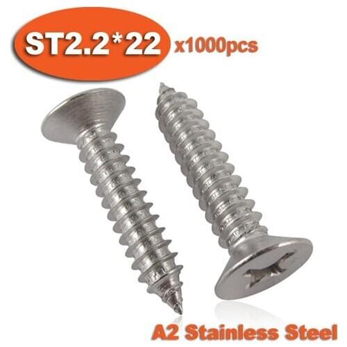 1000pcs DIN7982 ST2.2 x 22 A2 Stainless Steel Self Tapping Screw Cross Recessed Countersunk Head Self-tapping Screws