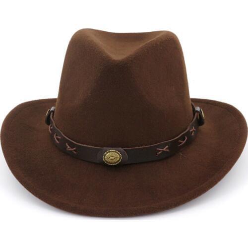 PU Leather Band Felt Western Cowboy Hat Solid Imitation Wool Fedoras Tourist Cap Outdoor Jazz Caps Gorras