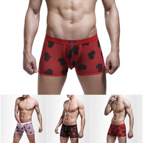 New Men Heart Print Panties Sexy Mesh Low Waist Breathable Underwear Soft Comfortable Fashion Casual Daily Male Boxer Black Red