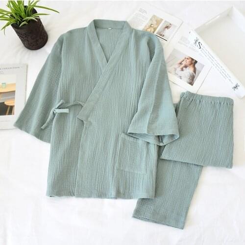 Spring Cotton Kimono Pajamas Long-sleeved Women Gauze Thin Sleepwear V-Neck Solid Loungewear Casual Two Piece Set Home Clothes