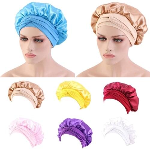 Women Imitation Silk Satin Night Sleep Solid Color Adjustable Wide Band Elastic Head Wrap Hair Bonnet Turban Sleeping Hat