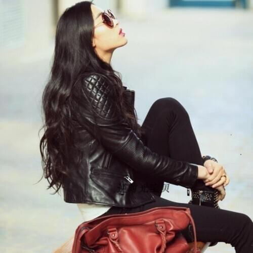 Womens Genuine Sheepskin Biker Short Jacket Spring 2020 Streetwear Zipper Jacket Designer Office Lady Leather Coat Rose Red