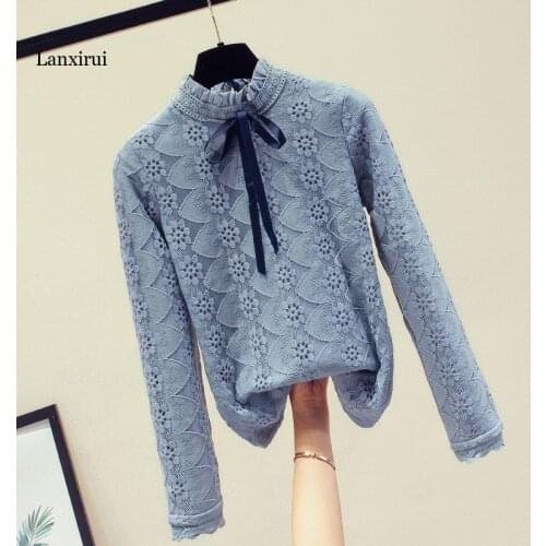 Autumn and Winter New Elegant Lace Up Bow top Women Long Sleeve Solid Chiffon Shirt Slim Fit Blusas Plus Size