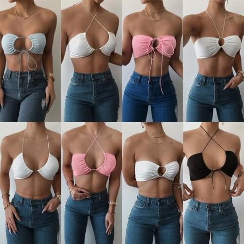 Womens Halter Crop Cami Tops, Sexy Solid Color Sleeveless Lace-Up Cut Out Tube Tops