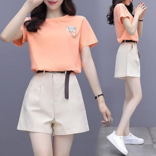 LLZACOOSH Womens Suits Summer New Simple Short Sleeve T-Shirt + Hight Waist Solid Shorts Two Piece Set With Belt Female