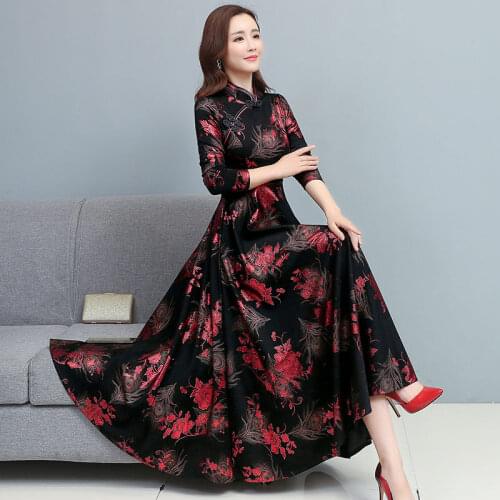 Flower Cheongsam-Style Vintage Long Sleeved Dress Women 2020 Autumn And Winter New Slim Elegant Ladies Maxi Dress Plus Size Y537