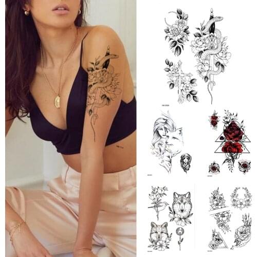 1Sheet Flower Wolf Snake Tattoo,Waterproof Black Temporary Fashion Water Transfer Tattoos