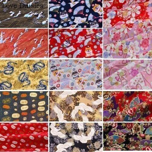 100%Cotton bronzed Japanese style Dragon Crane Dog Cloud Fan Chinese Word Flower fabric for DIY Craft Handwork decor Bag Apparel
