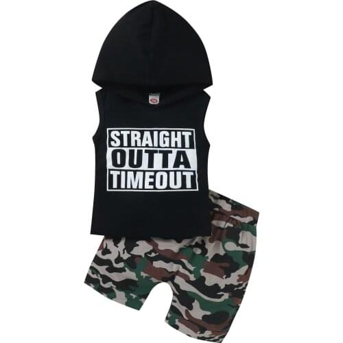 Kids Baby Boy Clothes 2Pcs Summer 2021 Letter Print Sleeveless Hooded Tops Camouflage Shorts Childrens Clothing For 6M-4Y Boys