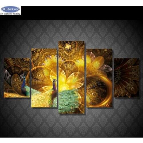 Diy 5pcs mosaic full 5d diamond embroideryGolden Peacock Flower,diamond painting cross stitch square multi-picture