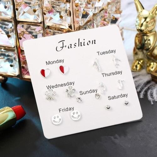 6Pairs/set A Week Earrings Cute Silver Plated Stud Earrings Set For Women Fashion Stars Heart Crystal Earring Girls Kids Jewelry
