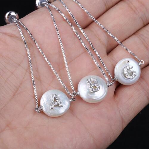 Micro Pave CZ initial 26 Alphabet Letter Name Charm Natural Freshwater Coin Pearl Chain Bracelet For Women Girl Jewelry