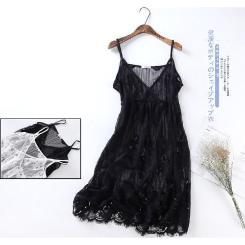 Black/White Fashion Women Sexy Lace Hollow Flowers Sling Lingerie Translucent Net Yarn Deep V Erotic Sleepwear Full Slips 2018