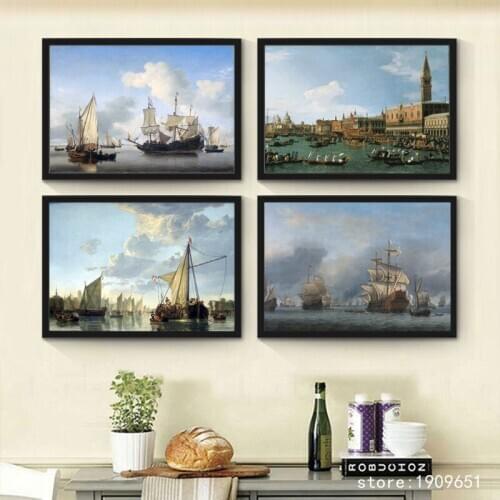 Cotton no frame classical ships port seascape canvas printings oil painting printed on cotton home wall art decoration picture