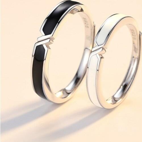 2Pcs Black and White Lovers Knot Ring Bands Kit Couples Matching Rings Promise Wedding Bands Adjustable for Him and Her