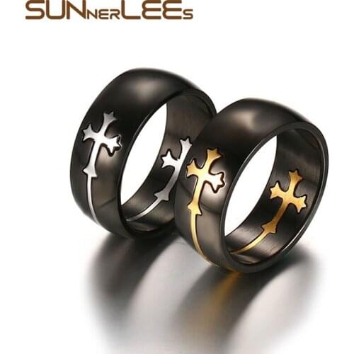 SUNNERLEES Titanium Stainless Steel Rings 8mm Removable Cross Ring Black Silver Color Gold Plated Men Women Jewelry Gift R-068