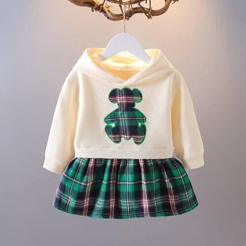 Spring Autumn Fashion Lattice Baby Girls Clothes Sets Cartoon Bear Long Sleeve Sweatshirt Tops Skirts 2pcs Suit Outfits Kids