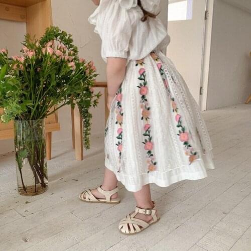Summer New Sweet Girls Skirts 2021 Childrens Korean Flower Embroidery Skirts Net Yarn Lace A-line Skirt for Girls 2-7 Years
