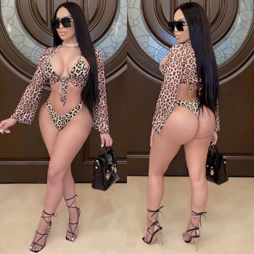 Echoine Summer Beach Leopard Print Bikini Set Swimwear 3 pcs Sexy Skninny Lace Up Long Sleeve Outwear cover up Swimsuit New