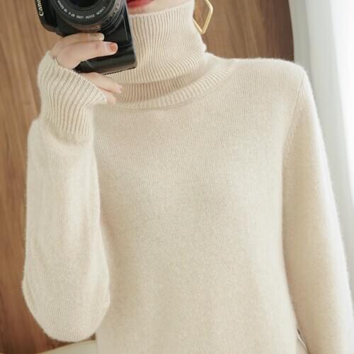 Best selling high quality high-neck ladies cashmere sweater pure color long-sleeved knit 100% pure wool sweater pullover winter