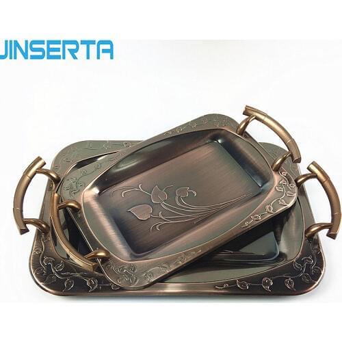 JINSERTA Metal Serving Tray Jewelry Display Plate Retro Dessert Fruit Cake Tray with Handle Home Party Decoration Organizer