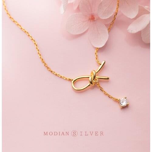 Modian Original Bowknot Swing Sparkling Pendant Classic Brand 925 Sterling Silver Gold Color Necklace For Women S925 Jewelry