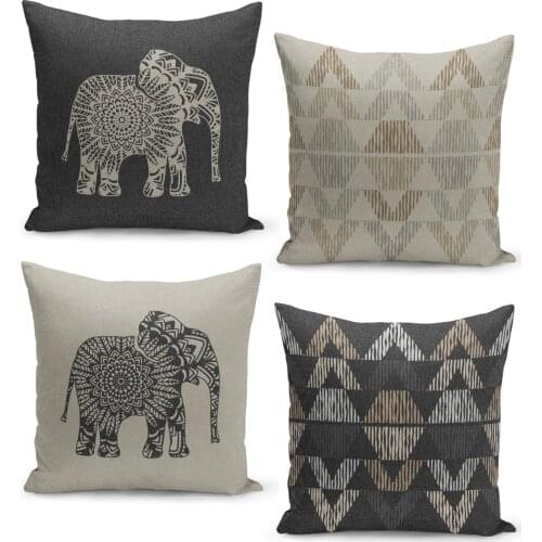 4'lü Pillow decorate Case Set Linen Tweed Floor Look Ethnic Bohemian And Elephant Patterned Sofa Chair Cushion Home Textile Decoration