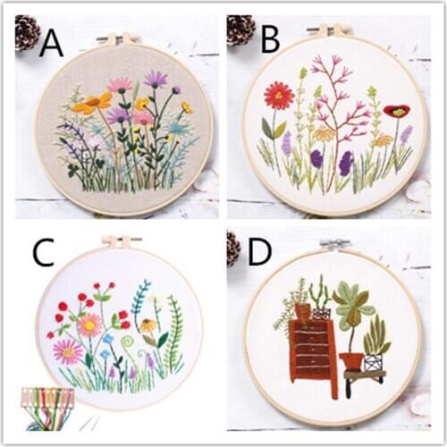 10pcs/lot DIY Stamped Embroidery Starter Kit with Flowers Plants Pattern Cloth Color Threads Tools Home decoration