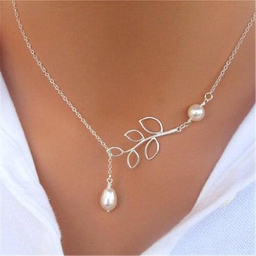 New hot silver color hollow leaf pendant imitation pearl concise cute max necklace colar