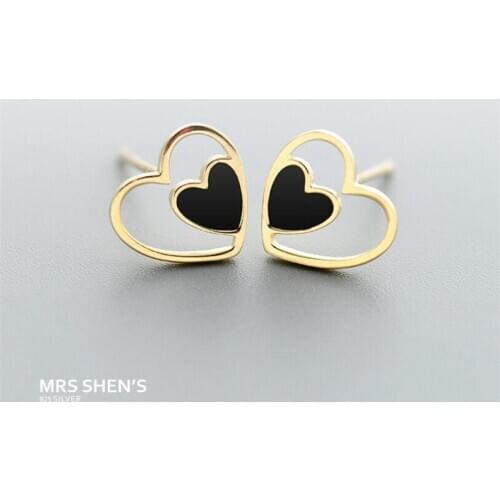 New Arrival Fresh Lovely Heart Shaped 925 Sterling Silver Jewelry Temperament Golden Black Epoxy Stud Earrings SE533