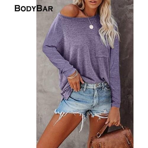 Solid Color Ladies T-shirt Pocket Long Sleeves Tee Shirts Loose Casual O-neck Cotton Top Female Plus Size Tee Mujer T Shirts 2XL