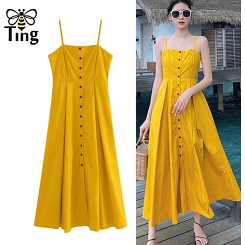 Tingfly Women Fashion France Chic Single Breasted Button Up Yellow Midi Long Dress Strap Casual A Line Dress Sundresses Elbise Z