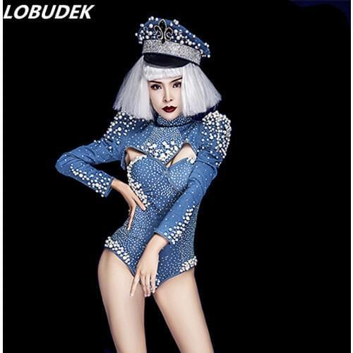 Sexy Nightclub Women Singer Dancer Costume Shining Rhinestones Pearls Bodysuit Blue Denim Long Sleeve Bodysuits Jazz Stage Wear
