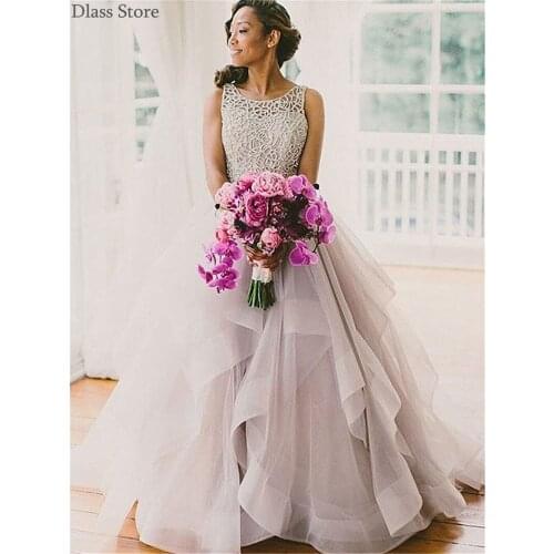 Gray Prom Dress Sleeveless O-neck Beading A-line Tiered Ruffel Backless Floor Length Illusion Tulle Evening Dress فساتين السهرة