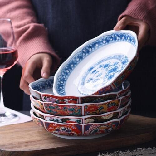 Japanese Ancient Iwanli Style Ceramic Tableware Ukiyo-e Design Lotus Plate Retro Dim Sum Plate