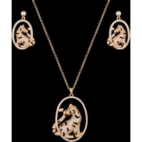 Zlxgirl jewelry Classic Jet Enamel leopard animal pendant with earring jewelry sets for men gifts full zirconia necklace sets