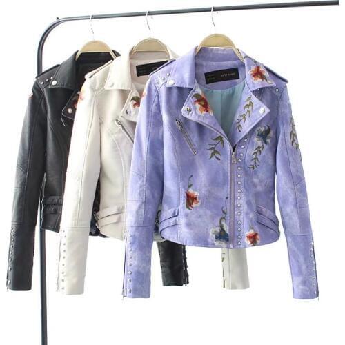 Women faux leather jacket embroidery Biker Jackets Rivet coat new Short motorcycle Coats Female S-XL Jaqueta couro Good Quality