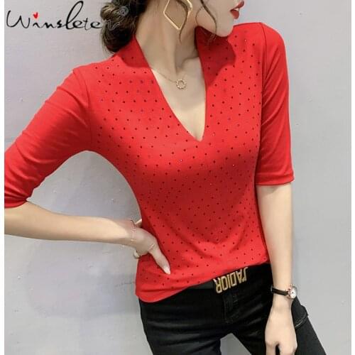 Summer Korean Style Cotton T-Shirt Sexy Fashion Solid V-Neck Shiny Diammonds Women Tops Short Sleeve All Match Tees New T14704A