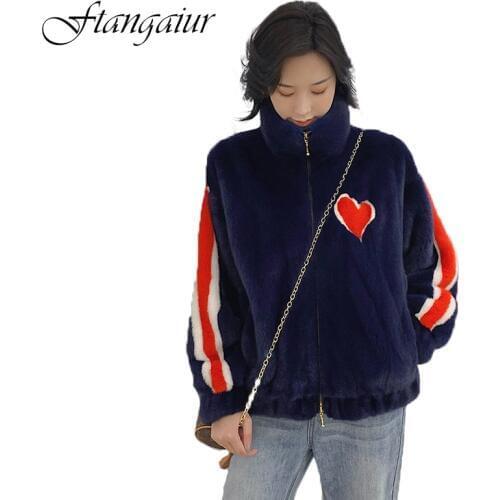 Ftangaiur 2019 Winter Import Velvet Mink Coat Patchwork Striped Red Heart Natural Fur Coat Womens Short Real Mink Fur Coats